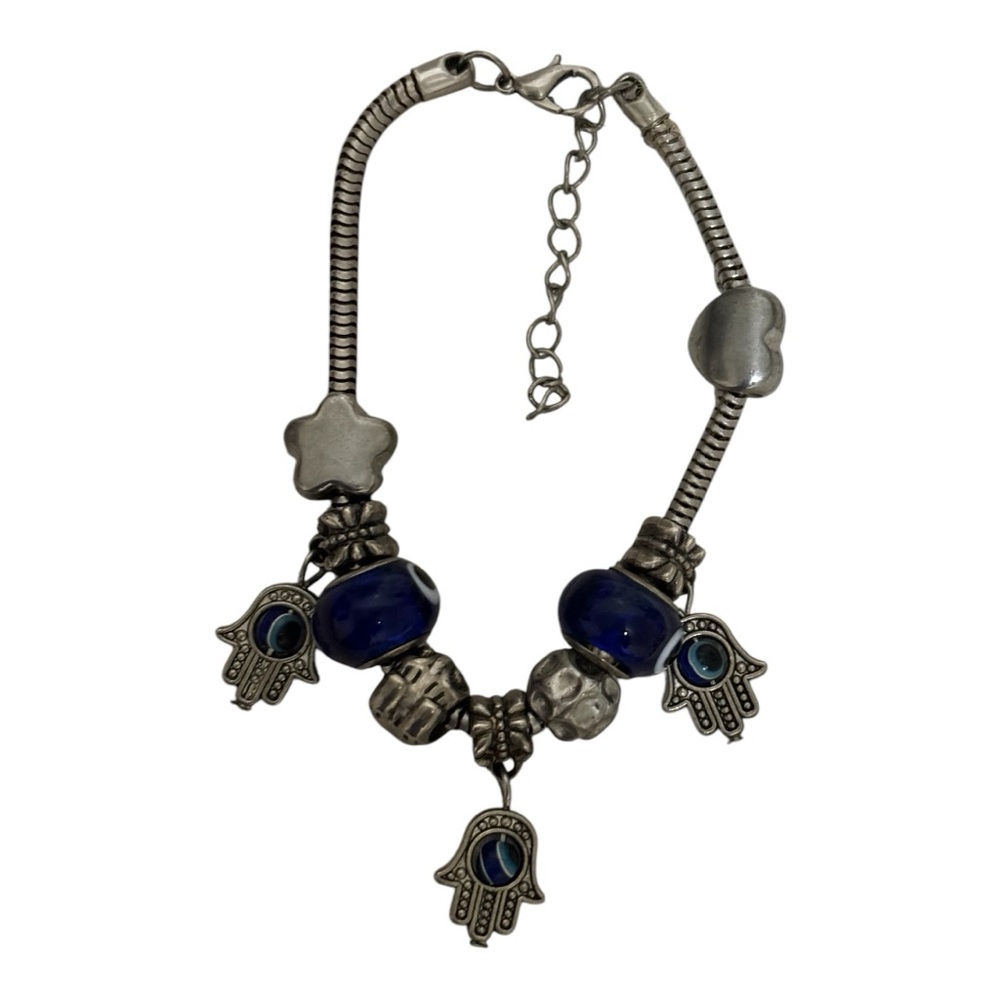 Evil Eye Charm/Bead 7.5" Bracelet Silver-Tone Women